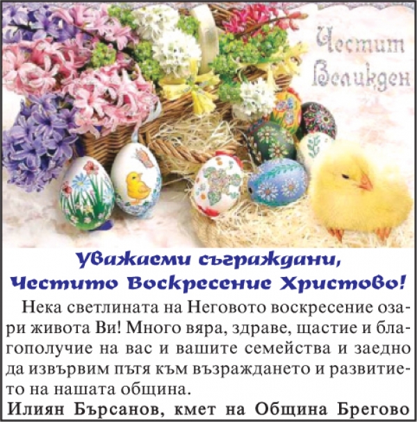 Поздравление от кмета на Община Брегово Илиян Бърсанов